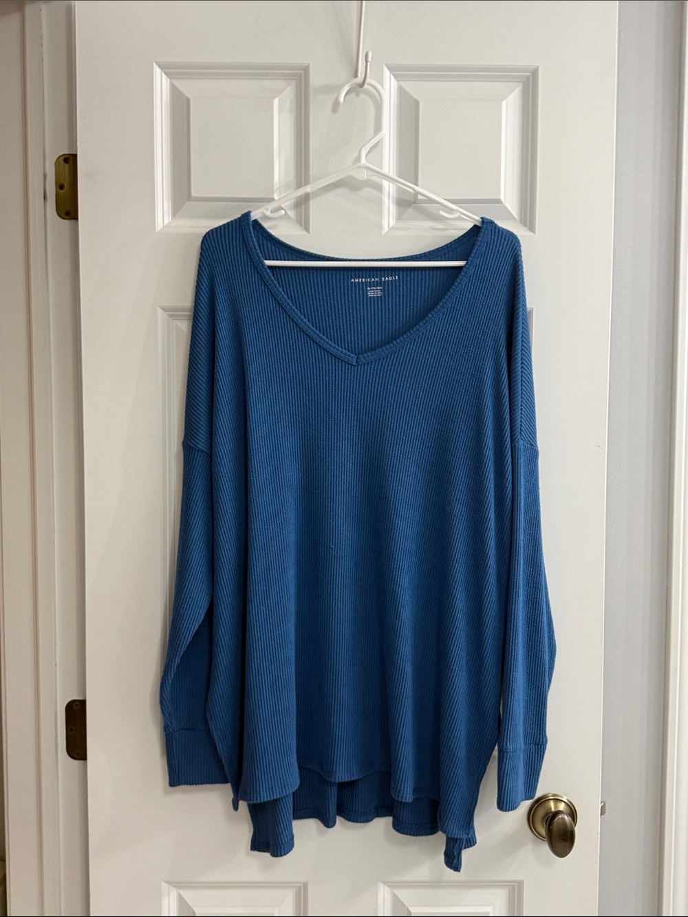 American Eagle Outfitters Blue Ribbed V-Neck Long Sleeve Top